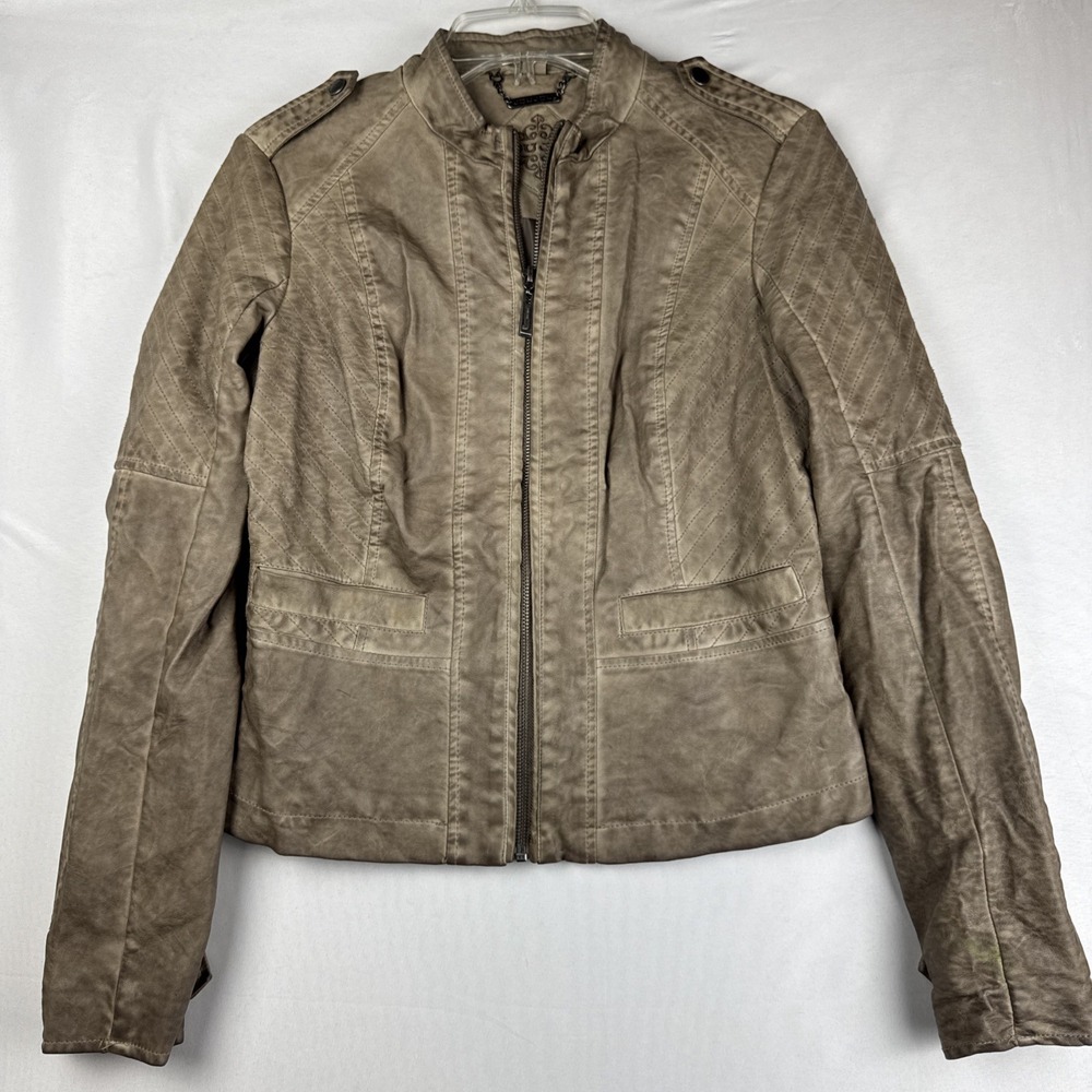 JouJou Womens Faux Leather Moto Jacket Taupeโ Beige Quilted Size Small